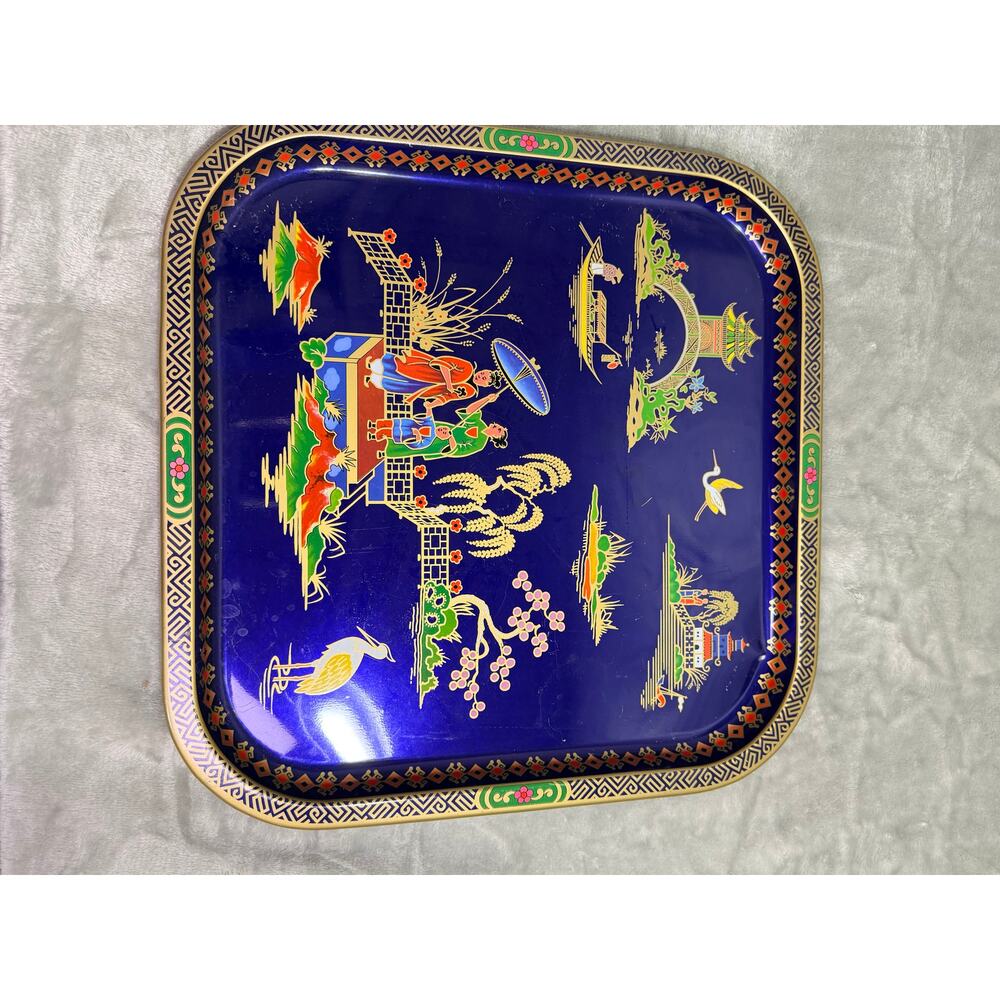 Vintage Daher England Blue Chinoiserie Serving Tray Pagoda Scene - Picture 3 of 6